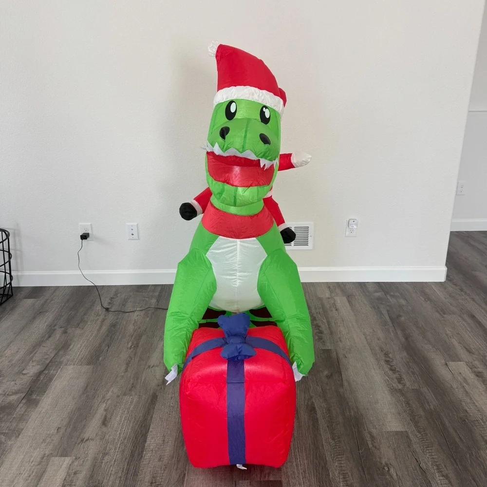 Christmas Santa Riding Dinosaur Airblown Inflatable Decor LED BlowUp Lawn‎ Dino